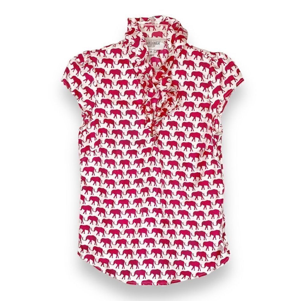 Elizabeth McKay ELIZABETH SHIRT Hot Pink Elephant Print Ruffle Blouse Top Size 0